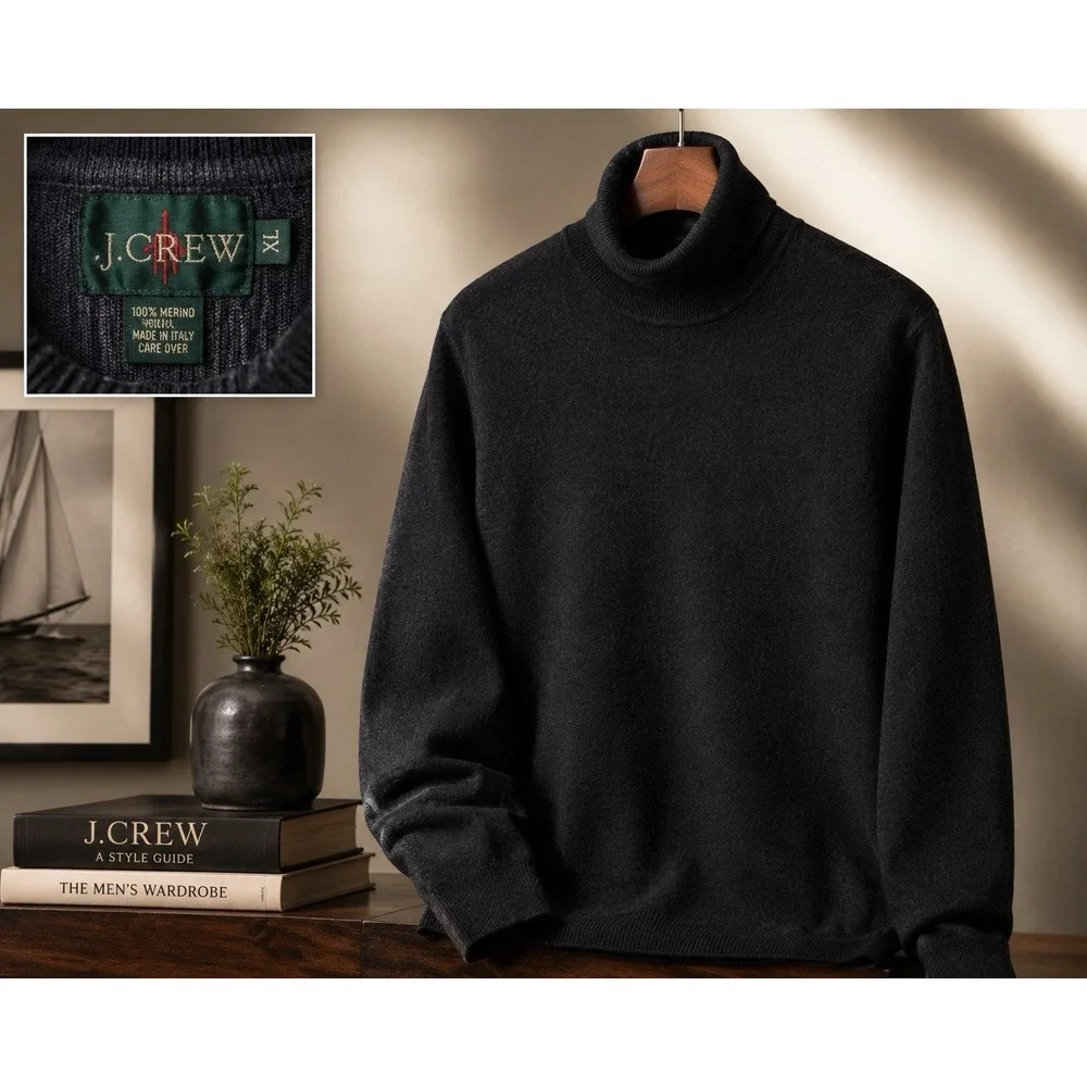 Vintage J.Crew Oarsman Turtleneck Sweater XL Merino Wool Fisherman Black Italy
